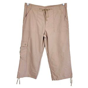 QUEST Women’s Khaki Cargo Capri Hiking Pants Drawstring Leg and Waist, Size 8